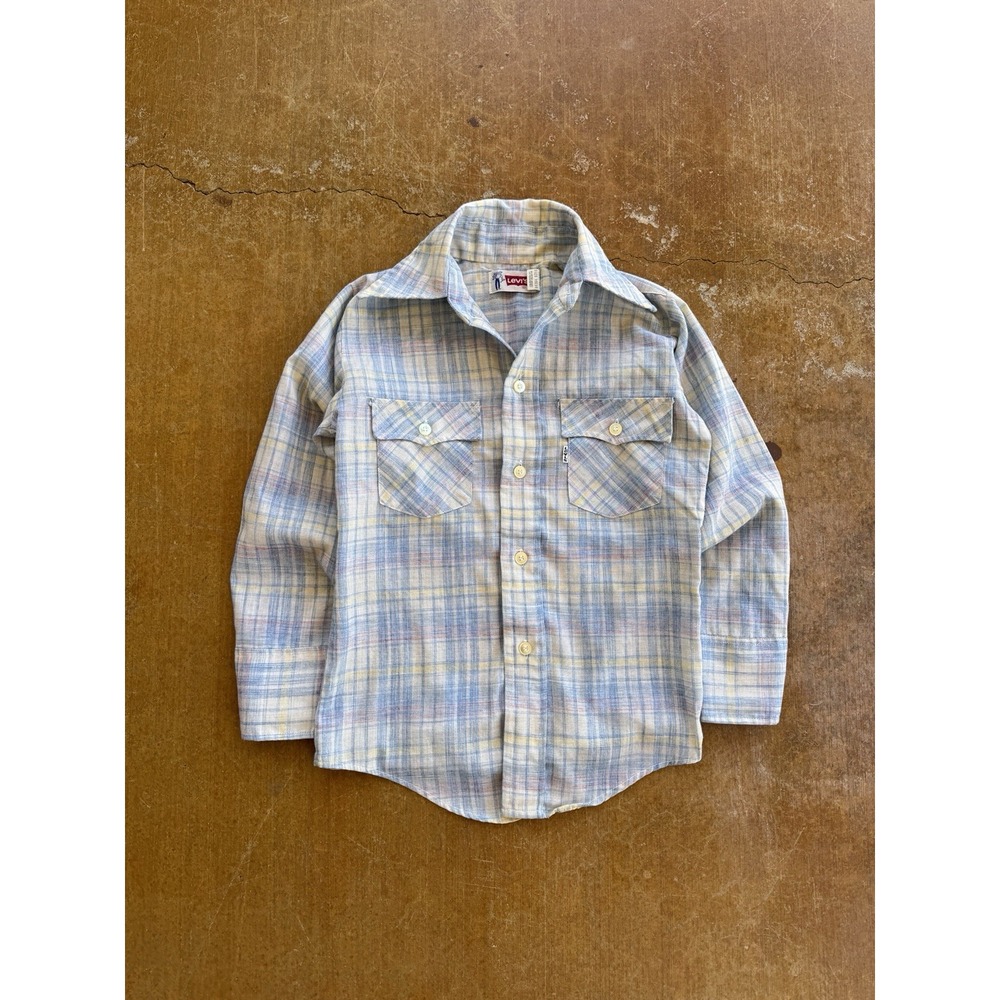 VTG 70s Levis Western Plaid Checkered Lightweight Button Up Shirt Kids 6-8 Years
